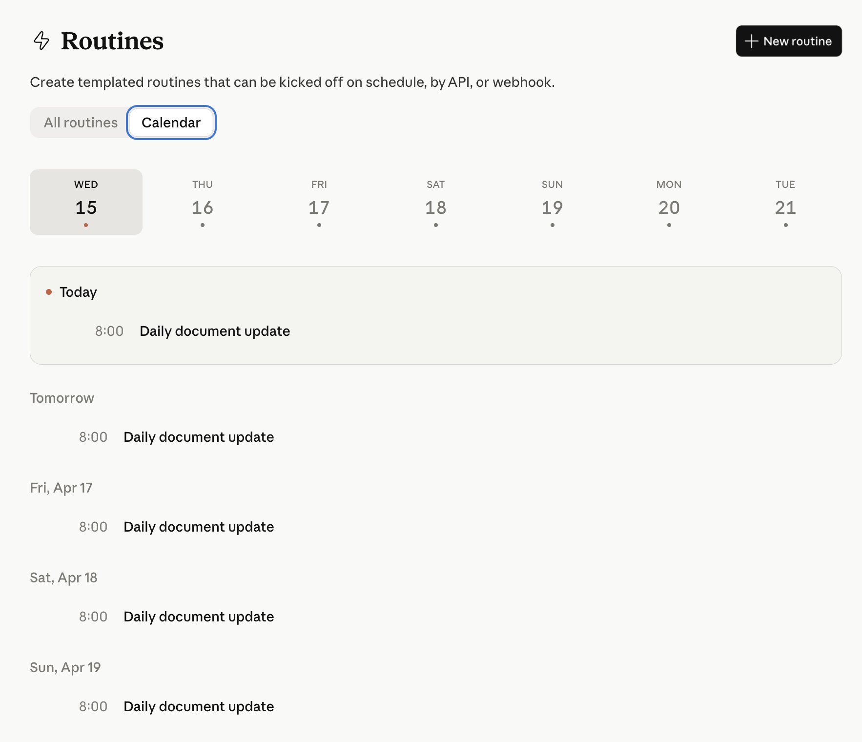 Routines calendar view