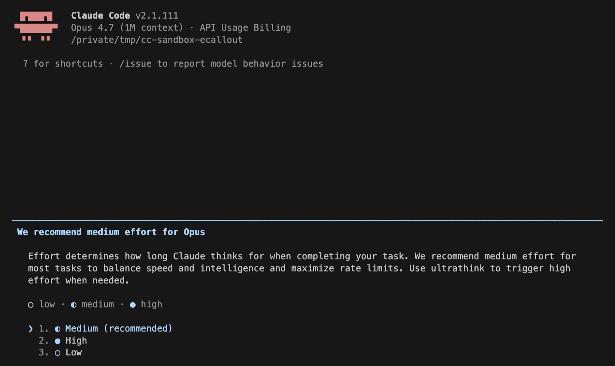Claude Code's "We recommend medium effort for Opus" startup banner