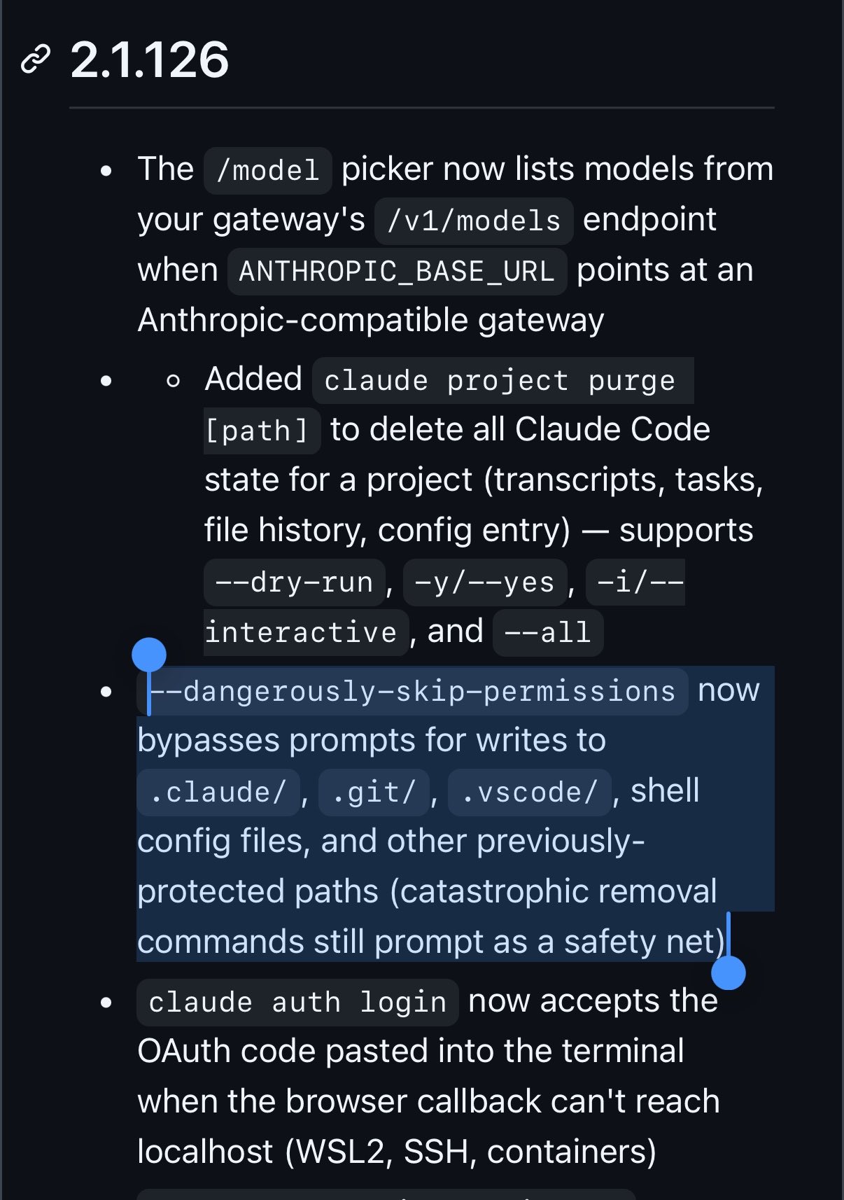 Diff showing dangerously-skip-permissions now covering writes to .claude/ and .git/