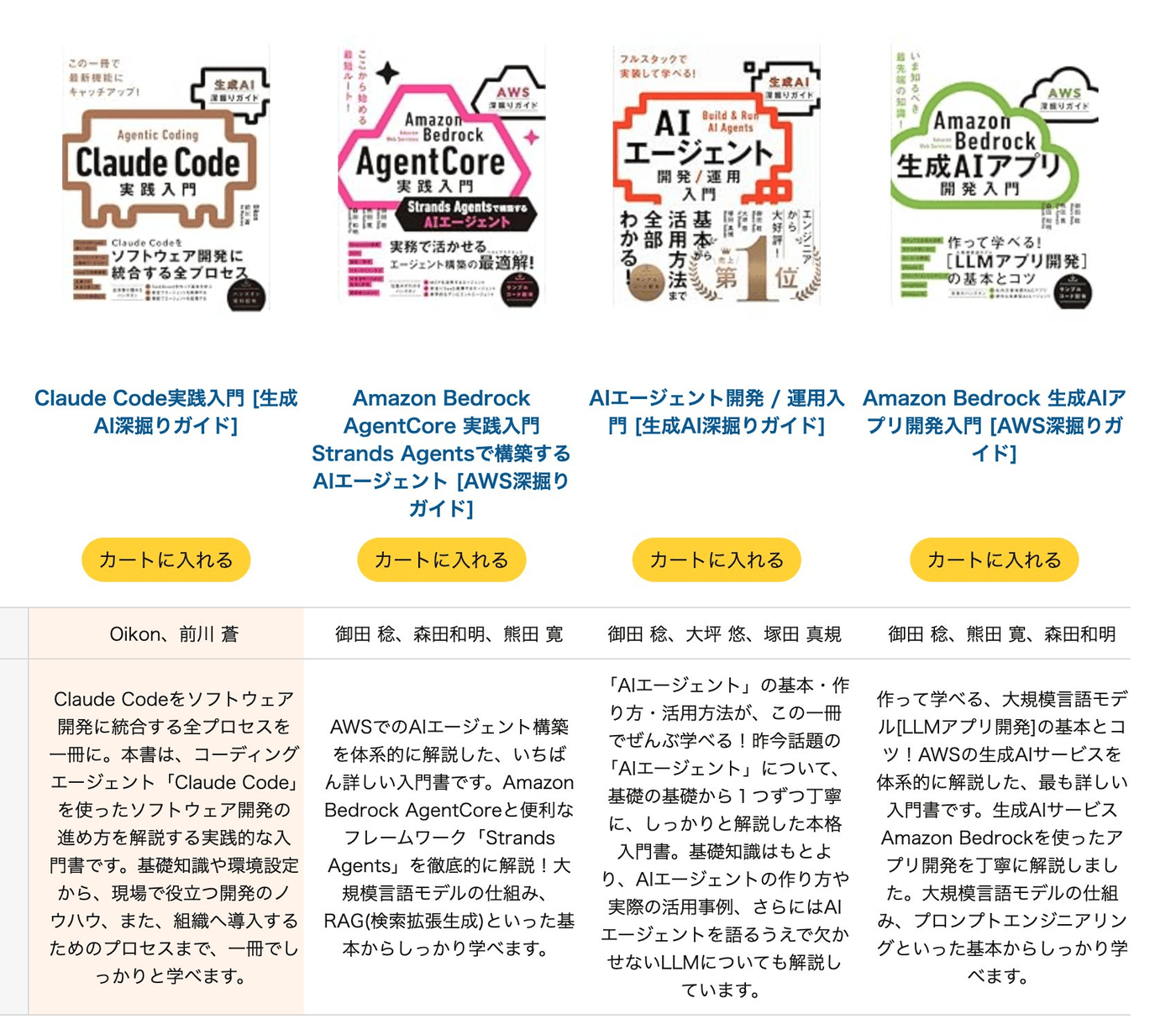 The four books in SB Creative's Fukabori (deep-dive) series: Practical Introduction to Claude Code, Practical Introduction to Amazon Bedrock AgentCore, Introduction to AI Agent Development/Operations, and Introduction to Generative AI App Development with Amazon Bedrock, shown with covers and blurbs