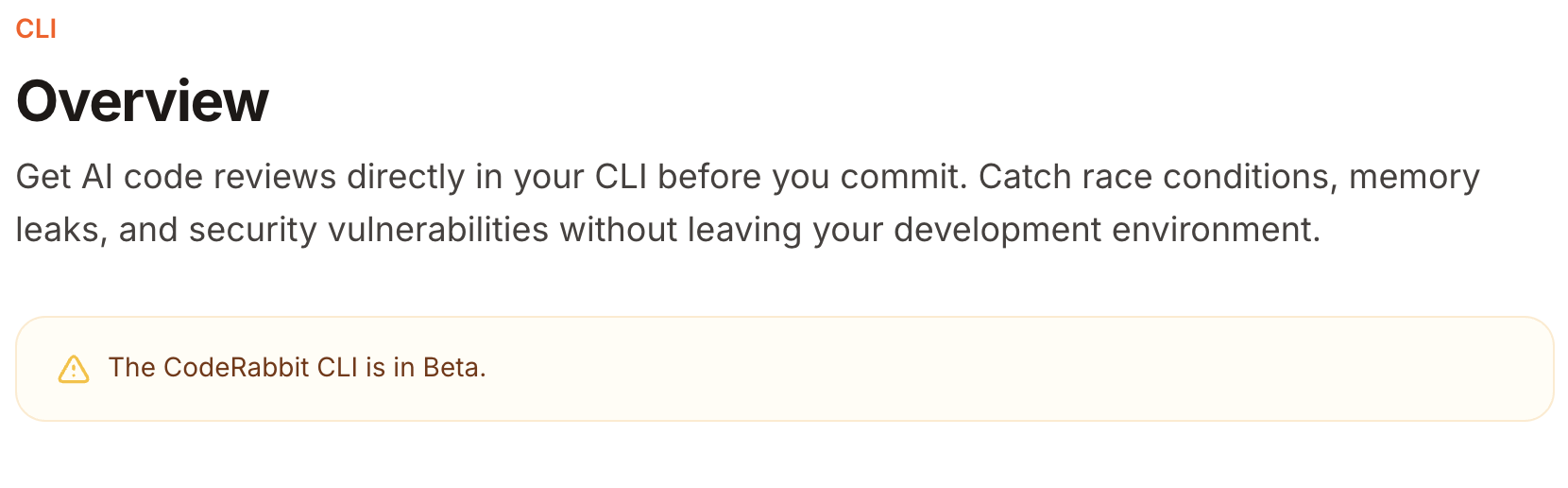 CodeRabbit CLI documentation page showing Beta version notice