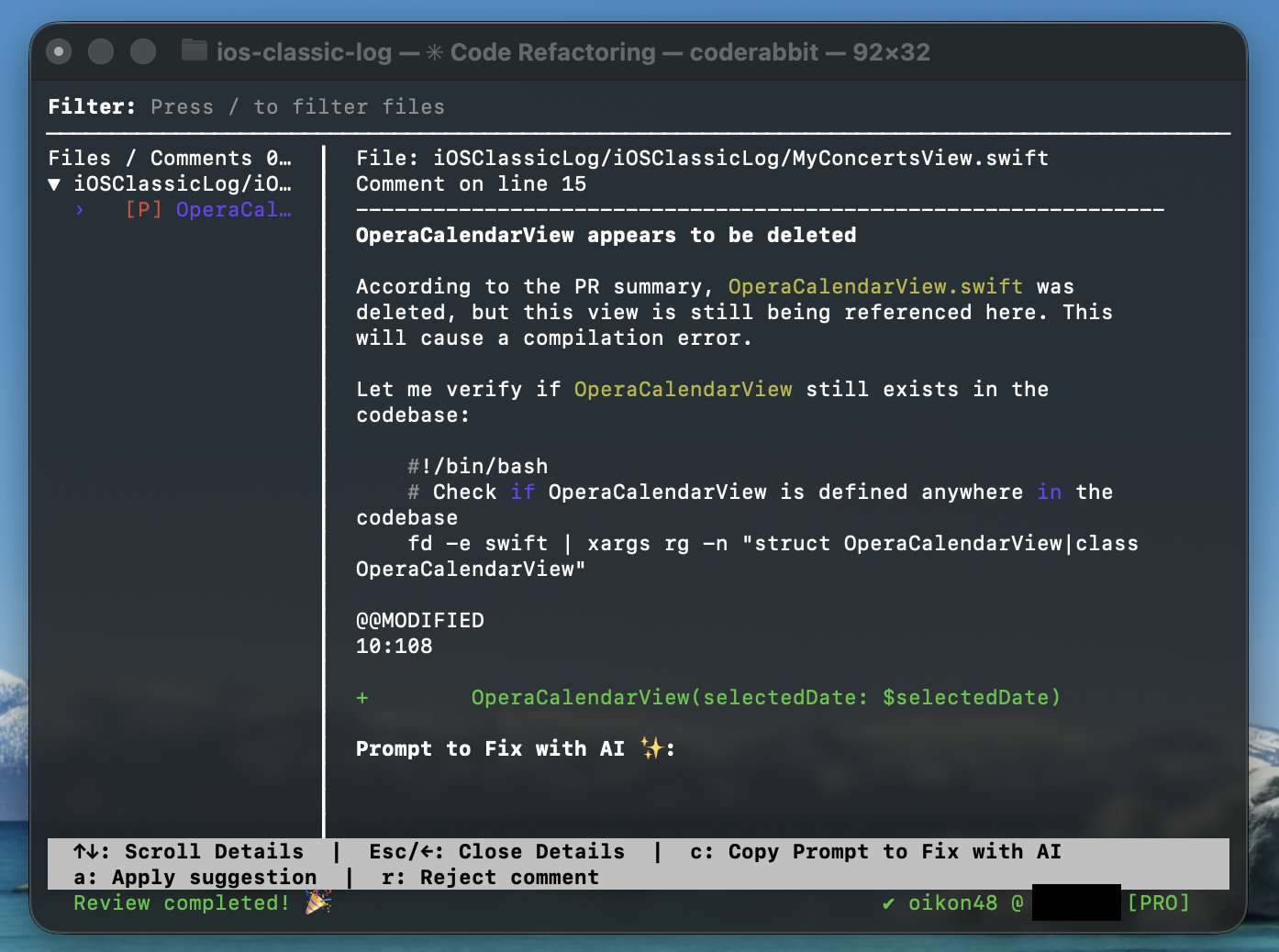 CodeRabbit CLI review results with code comments and suggestions
